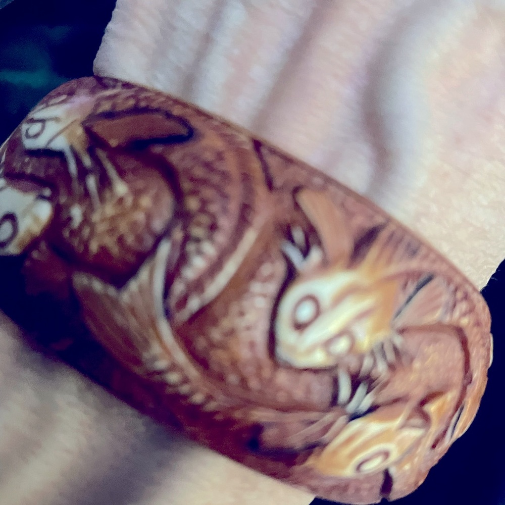 Hand carved one with of a kind henna dipped ivory bangle bracelet